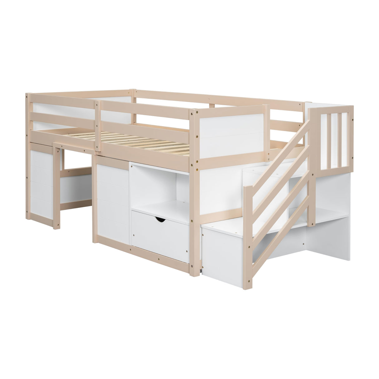 Bellemave Twin Size Low loft Bed for Kids,Wood Loft Beds,Modern Farmhouse Twin loft Bed,Loft Bed with Desk and Storage, No Box Spring Needed,for Kids, Cream White and Natural Bellemave