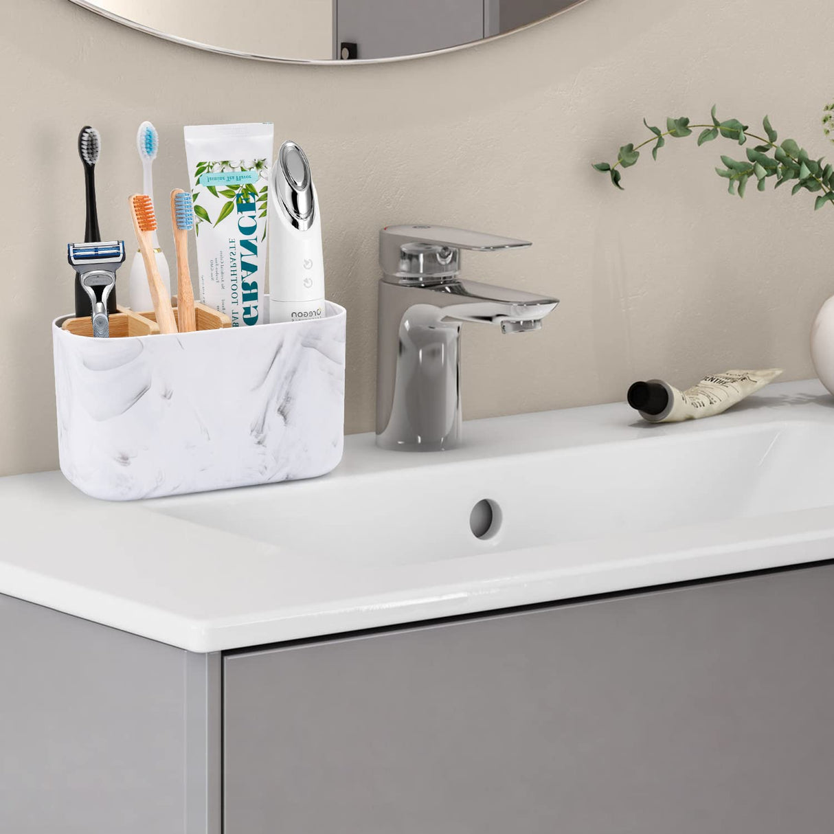 GFWARE Toothbrush Holders for Bathrooms, 5 Slots Bamboo Toothbrush Holder Kids Electric Toothbrush Holder and Toothpaste Holder for Bathroom Countertop Accessories Storage, Marble Toothbrush Organizer GFWARE