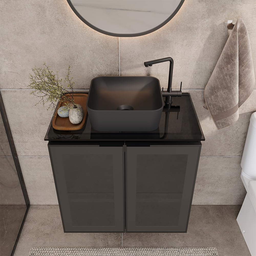 COZIMAX Umbu Combo Black Steel Bathroom Vanity Set 24" with Tempered Glass Countertop and Door, Black Square Ceramic Sink COZIMAX