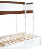 Linique Twin-Over-Twin Bunk Bed with Twin Size Trundle, Ladder & Full-Length Gurardrails, Writing Desk with USB Ports, 3-Hole Socket & 3 Drawers, White+Walnut Linique