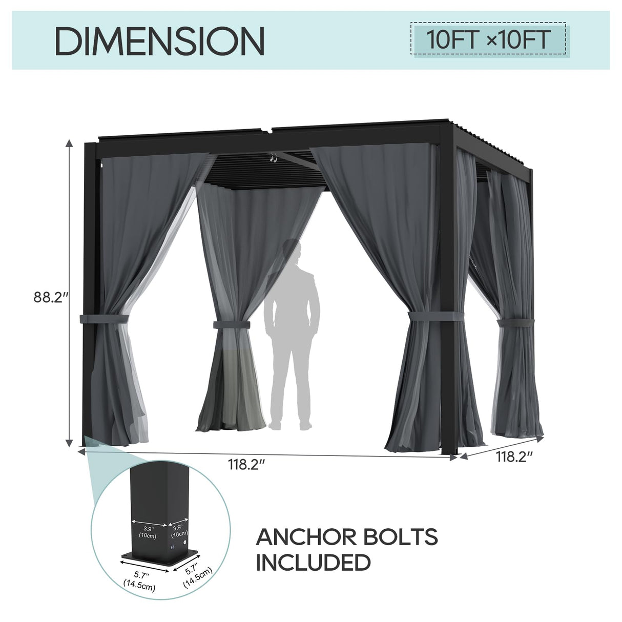 LVUYOYO Louvered Pergola 10' x 10', Outdoor Pergola with Adjustable Roof, Patio Aluminum Frame Metal Gazebo with Curtains and Netting for Patio, Backyard, Garden, Deck (Black) LVUYOYO