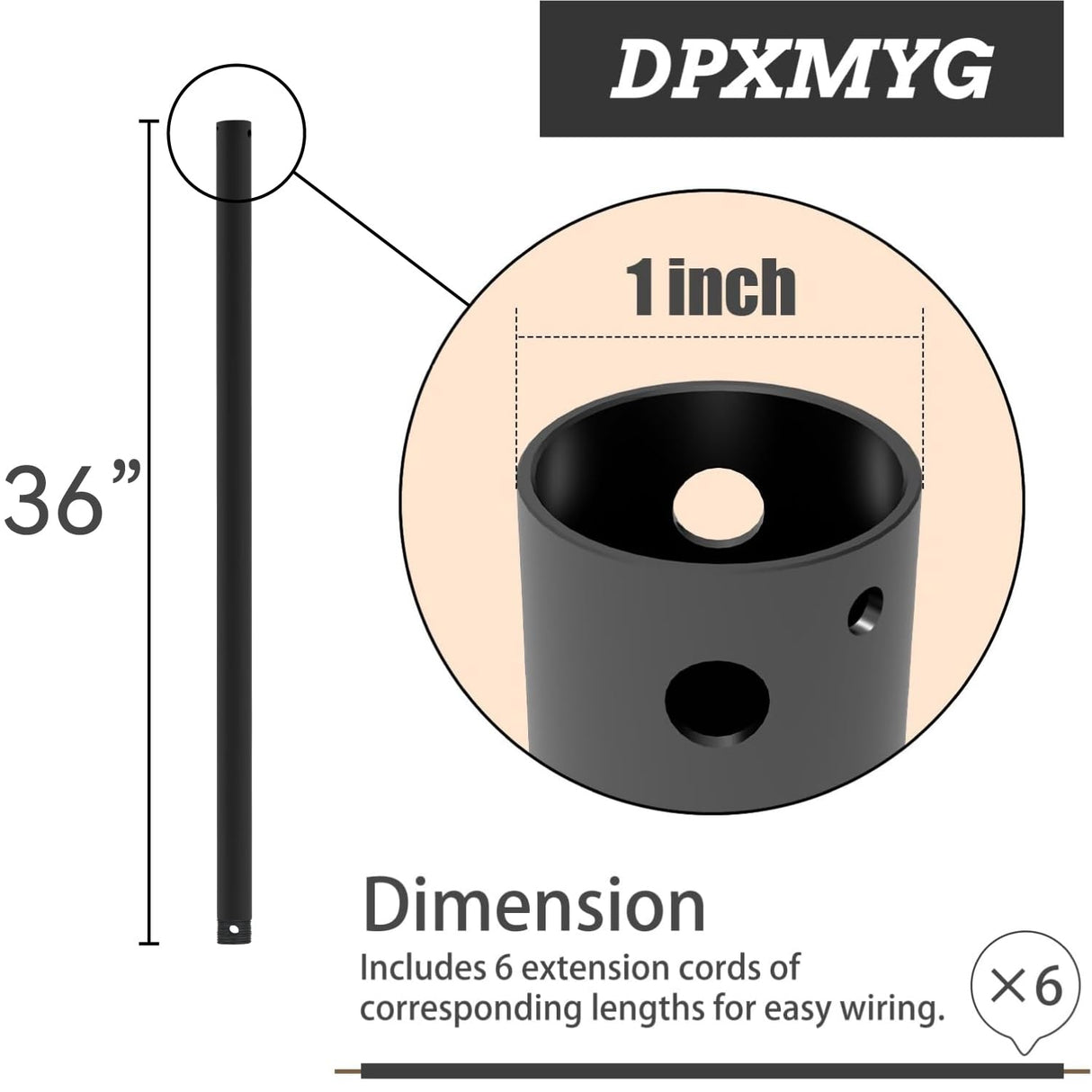 DPXMYG 36 inch Ceiling Fan Downrod with Extension Cord, 3 FT Black Downrod, 1 inch Outside Diameter, Ceiling Fan Boom Suitable for a Wide Range of Fans (with Threaded) DPXMYG