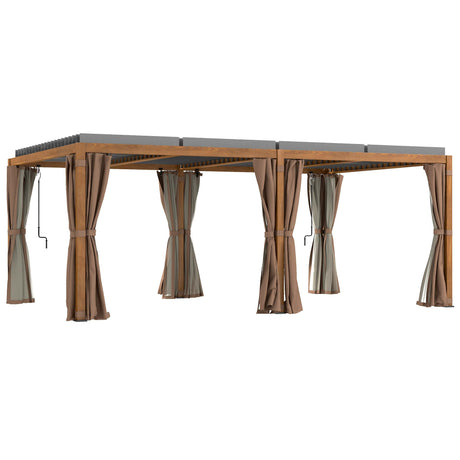 Outsunny 12' x 19' Louvered Pergola Hardtop Gazebo with Adjustable Aluminum Roof and Frame, Outdoor Pergola with Curtains and Netting, for Garden, Lawn, Backyard, and Deck, Wood-Like Outsunny