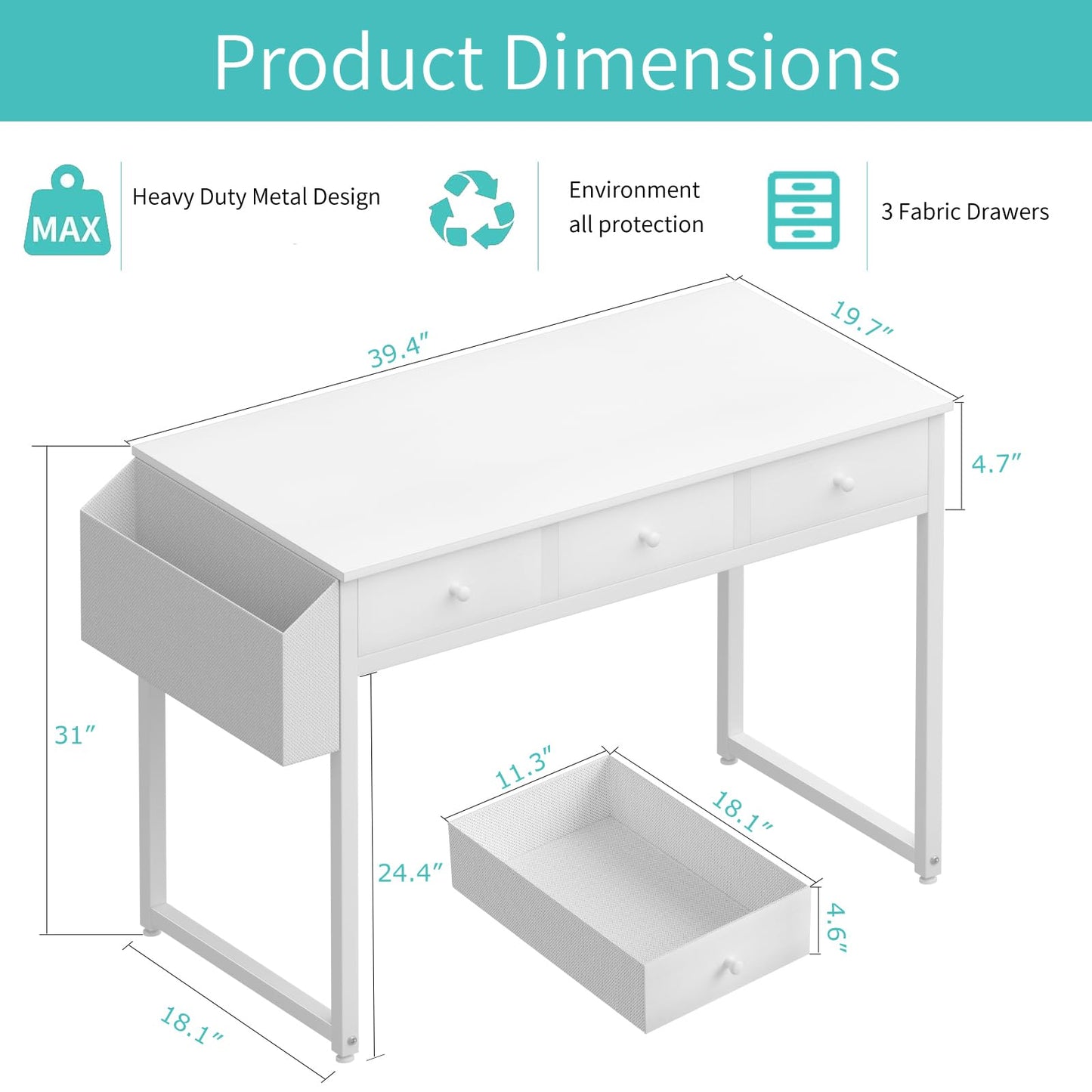 Lufeiya Small White Computer Desk with Fabric Drawers for Home Office Bedroom, 40 Inch Vanity Desk with Drawer Storage and Side Pouch, Study Writing Table, White - WoodArtSupply