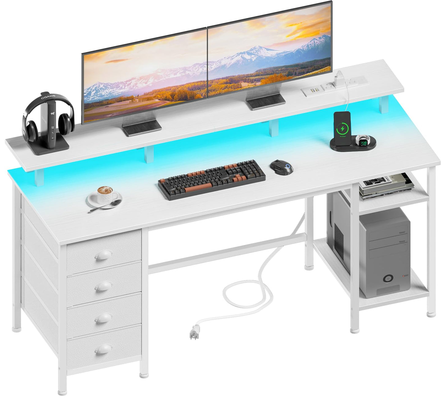 Furologee 61 Inch Desk with Power Outlets and LED Lights, Computer Desk with 4 Removable Drawers, White Office Desk with Long Monitor Stand, Large Gaming Desk with Shelves for Home Office/Bed - WoodArtSupply