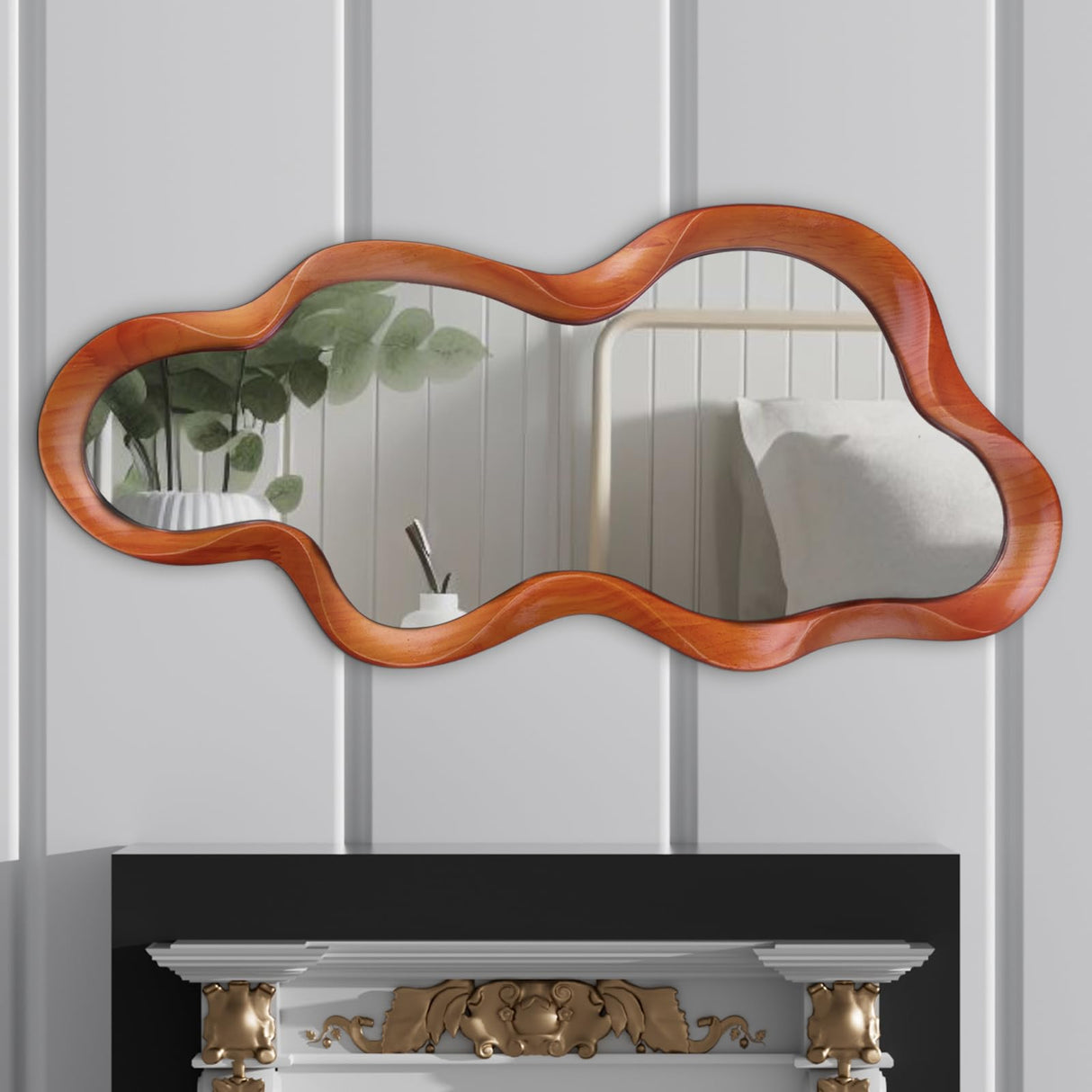 osemy 48"x 22" Irregular Wall Mirror, Walnut Wood Framed Wall Mirror, Asymmetrical Wall Wavy Mirror for Living Room Bedroom Entryway Bathroom Modern Decorative Mirror with Hanging Hooks osemy