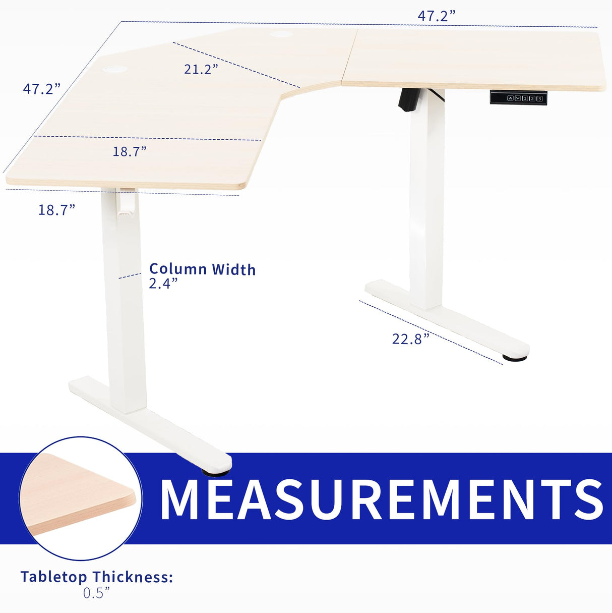 VIVO Electric Corner L-Shaped 47 x 47 in Standing Desk, Memory Height Adjustment, Light Wood Top White Frame, DESK-E1L94C VIVO