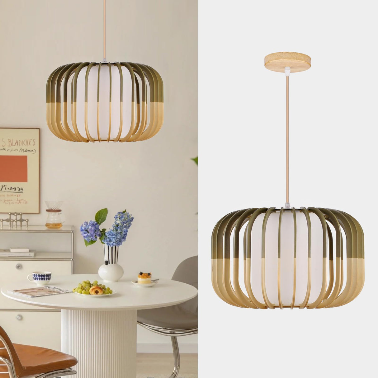 Arturesthome Wood Pendant Lights, Wicker Chandelier Boho Pendant Light Basket Lighting Fixture, Large Natural Woven Hanging Lamp for Kitchen Island Dining Room Entryway Arturesthome