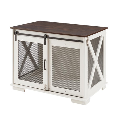 ZSQ Farmhouse Dog Crate Furniture, Wooden Dog Kennel with Sliding Barn Door, End Table Dog Cage with Detachable Divider, Dog House for Small/Medium/Large Dog, White - WoodArtSupply