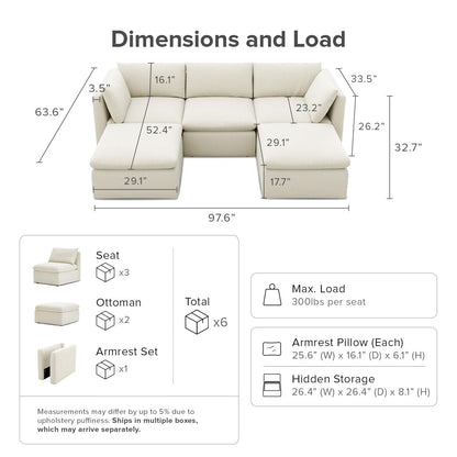 mopio Oversized Modular Sectional Sofa with Fully Removable Covers and Storage, Convertible U & L Shaped Sectionals, Modern Cloud Couch for Living Room with Ottoman Chaise, 4 to 8 Seats, Off White