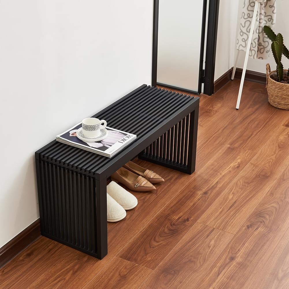 Versatile Wooden Slatted Bench - Sleek Modern Design for Dining, Entryway, Bedroom - Indoor Use with Storage Capability for Home, Kitchen, Bathroom & Beyond (Black) Berkvee