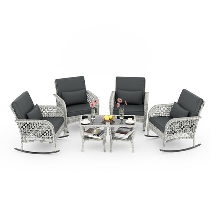 BALDPER 6-Piece Gray Wicker Patio Rocking Chairs Set, Rocking Wicker Bistro Set, Outdoor Furniture Conversation Set with Porch Chairs and Glass Coffee Table, Slate Grey