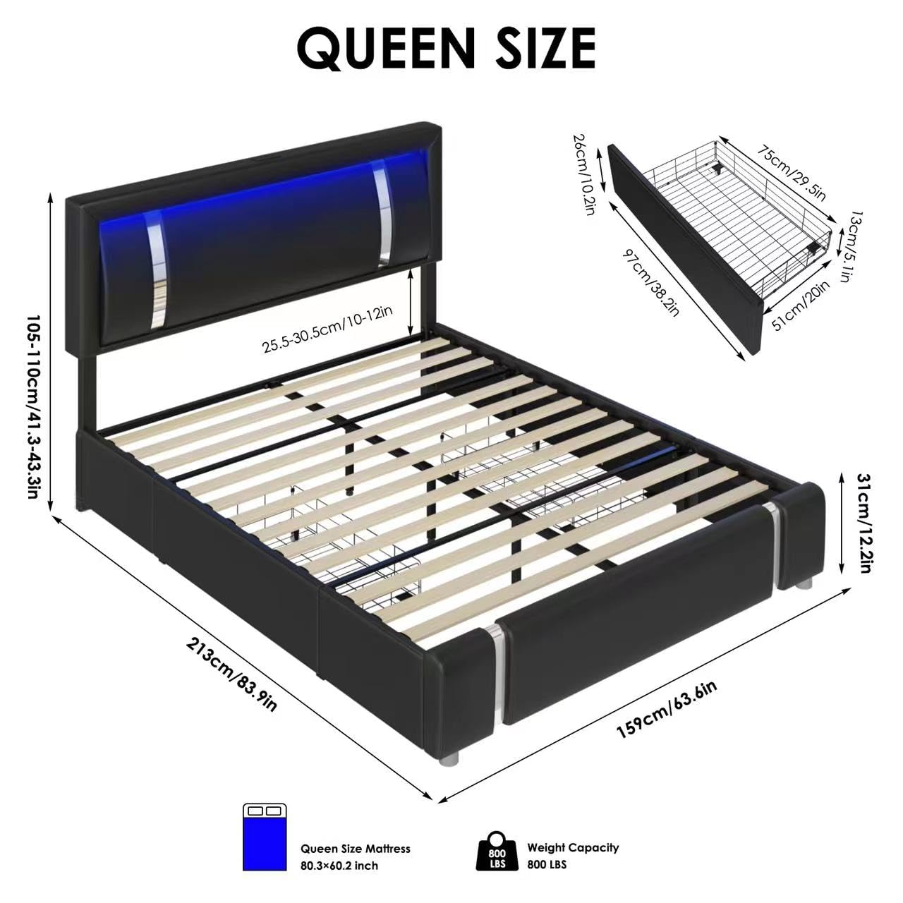 Keyluv Modern Black Queen Bed Frame with RGB LED Headboard, 2 Storage Drawers, and USB Ports - WoodArtSupply