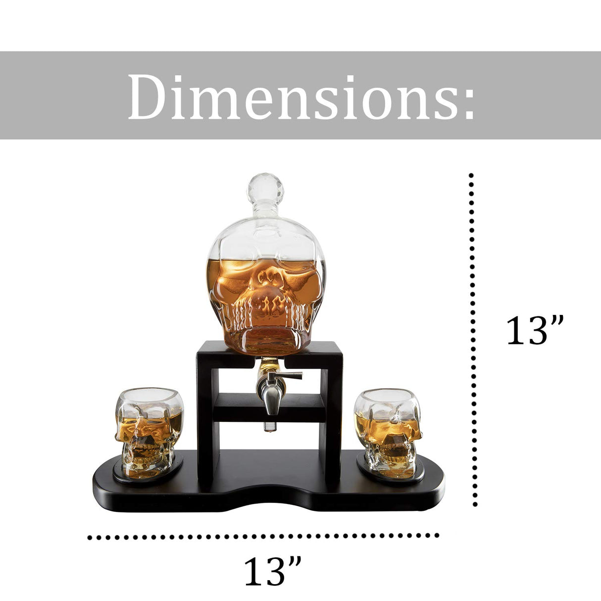 Skull Skeleton Wine & Whiskey Decanter Set 750 mL With 2 Skull 3oz Skeletons Shot Glasses + Mahogany Wooden Base & Pouring Spigot Decor Glass, Goth Spooky Drinking Glassware The Wine Savant The Wine Savant