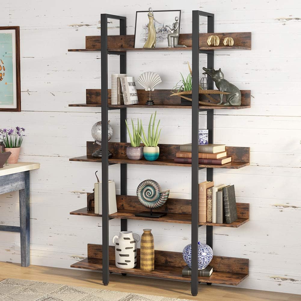 Tribesigns Rustic Brown 5-Tier Industrial Bookshelf with Back Fence - WoodArtSupply