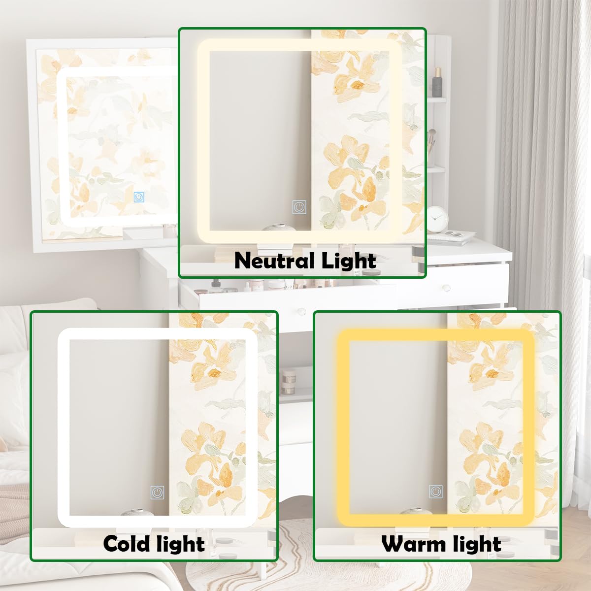 FUNISIR Makeup Vanity Desk with Sliding Mirror and Lights, Makeup Table Set with 3 Colors LED Light, 5 Drawers, Shelves & Stool, Bedroom Dressing Table Girls Vanity Desk in White FUNISIR