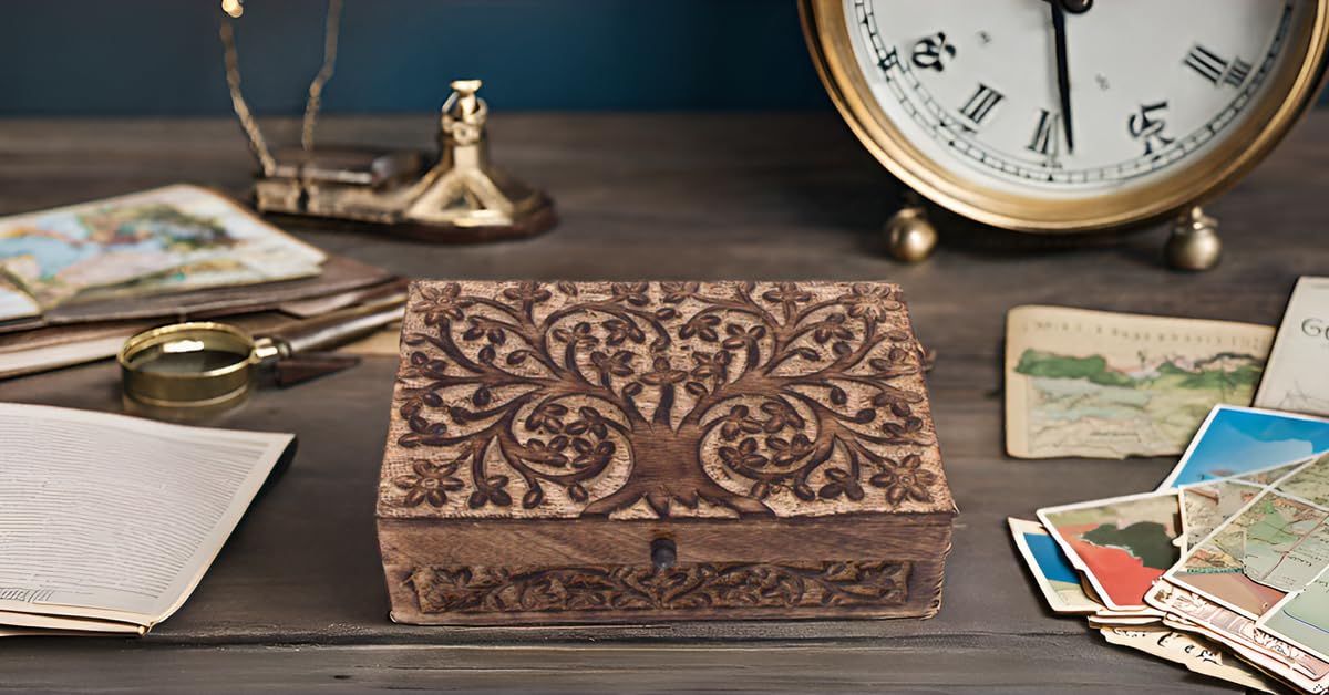 Great Birthday Gift Handmade Decorative Wooden Jewelry Box Tree Of Life Carving Jewelry Organizer Keepsake Box Treasure Chest Trinket Holder Watch Box Storage Lock Box Housewarming Gifts The Great Indian Bazaar