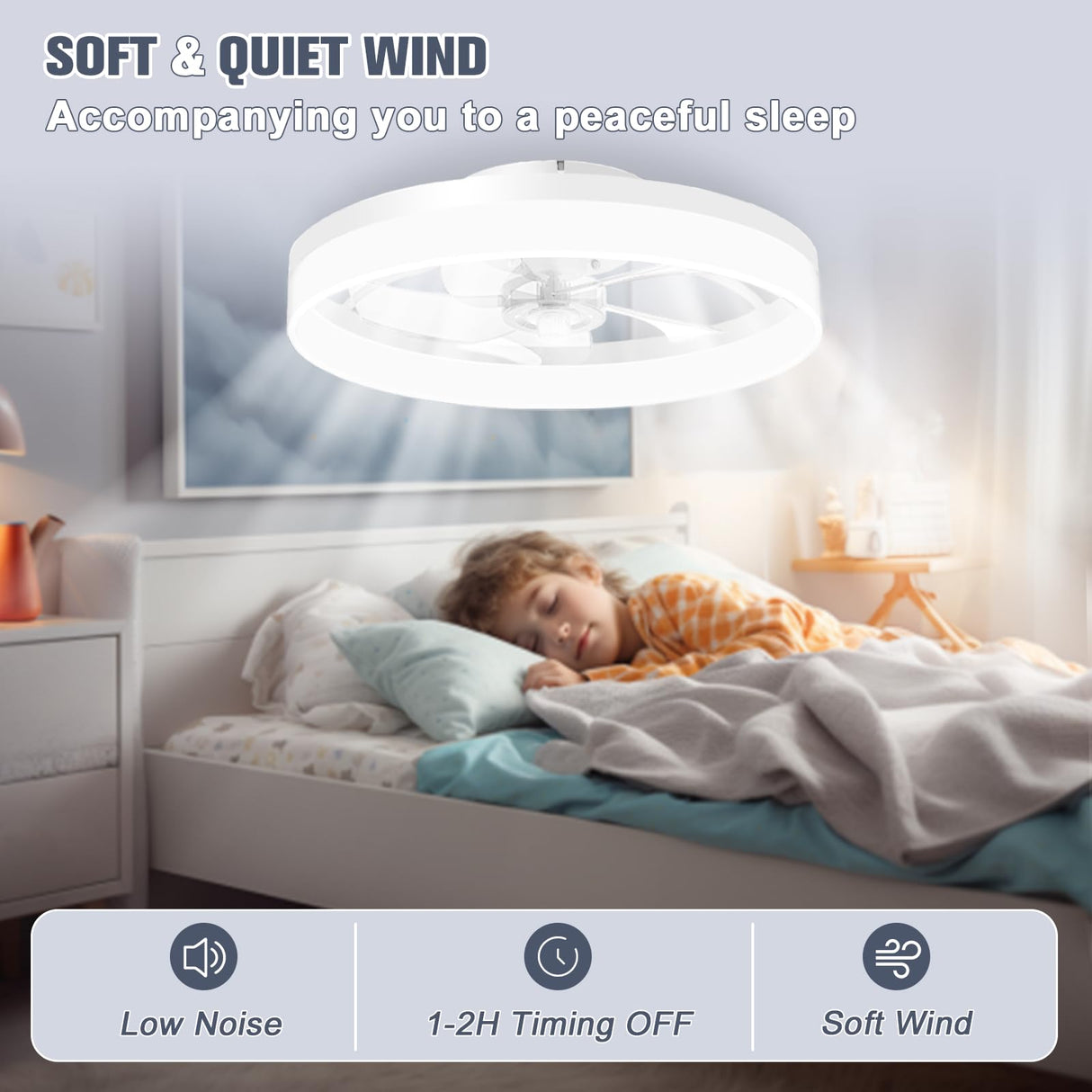 VOLISUN Low Profile Ceiling Fans with Lights and Remote, 19.7in Fandelier Ceiling Fan Flush Mount, 3000K-6500K Smart Bladeless LED Fan Light, White Modern Ceiling Fans with Lights for Bedroom VOLISUN