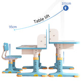 NUZYZ Kids Desk and Chair Set, Adjustable Height Children Study Table and Chair Set with Drawer, Cartoon Pattern Study Table for Toddlers 3-12 Years Blue NUZYZ