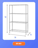14" D×36" W×54" H Commercial Wire Shelving Unit Metal Shelf with 4 Tier Adjustable Layer Rack Strong Steel for Restaurant Garage Pantry Kitchen Garage，Chrome FDW