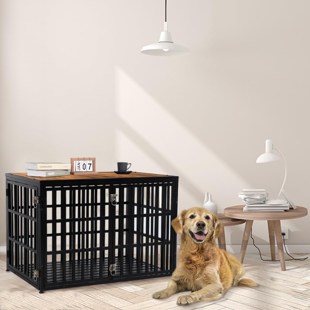 HIDOG 40" Dog Crate Furniture, Wooden Pet Crate End Table Decorative Dog Kennel Furniture, Heavy Duty Dog Cage for Large and Medium Dogs, Three Doors with Double Protection Lockes, Rustic Brown HIDOG