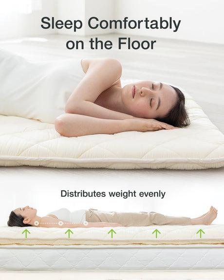 FULI Japanese Futon Mattress, Foldable & Portable Floor Lounger Bed, Roll Up Sleeping Pad, Shikibuton, Made in Japan (White, Queen) FULI