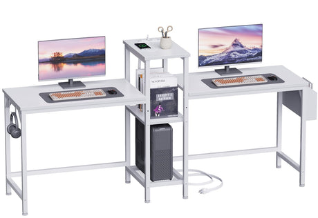 Furologee Double Desk with Power Outlets, 71 Inch Computer Desk with Storage Bag and Headphone Hooks, Gaming Desk Study Writing Table for Home Office, White Furologee