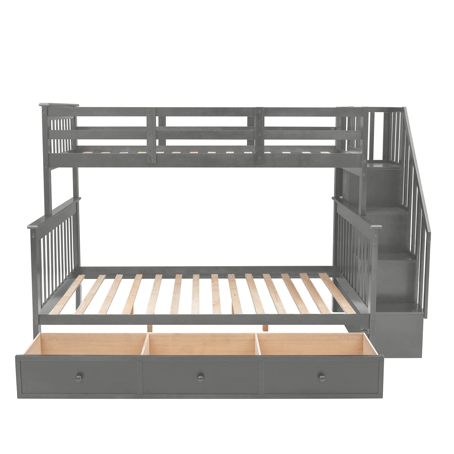 Twin Over Full Bunk Bed with Stairs and Storage Drawers by Harper & Bright Designs in Grey