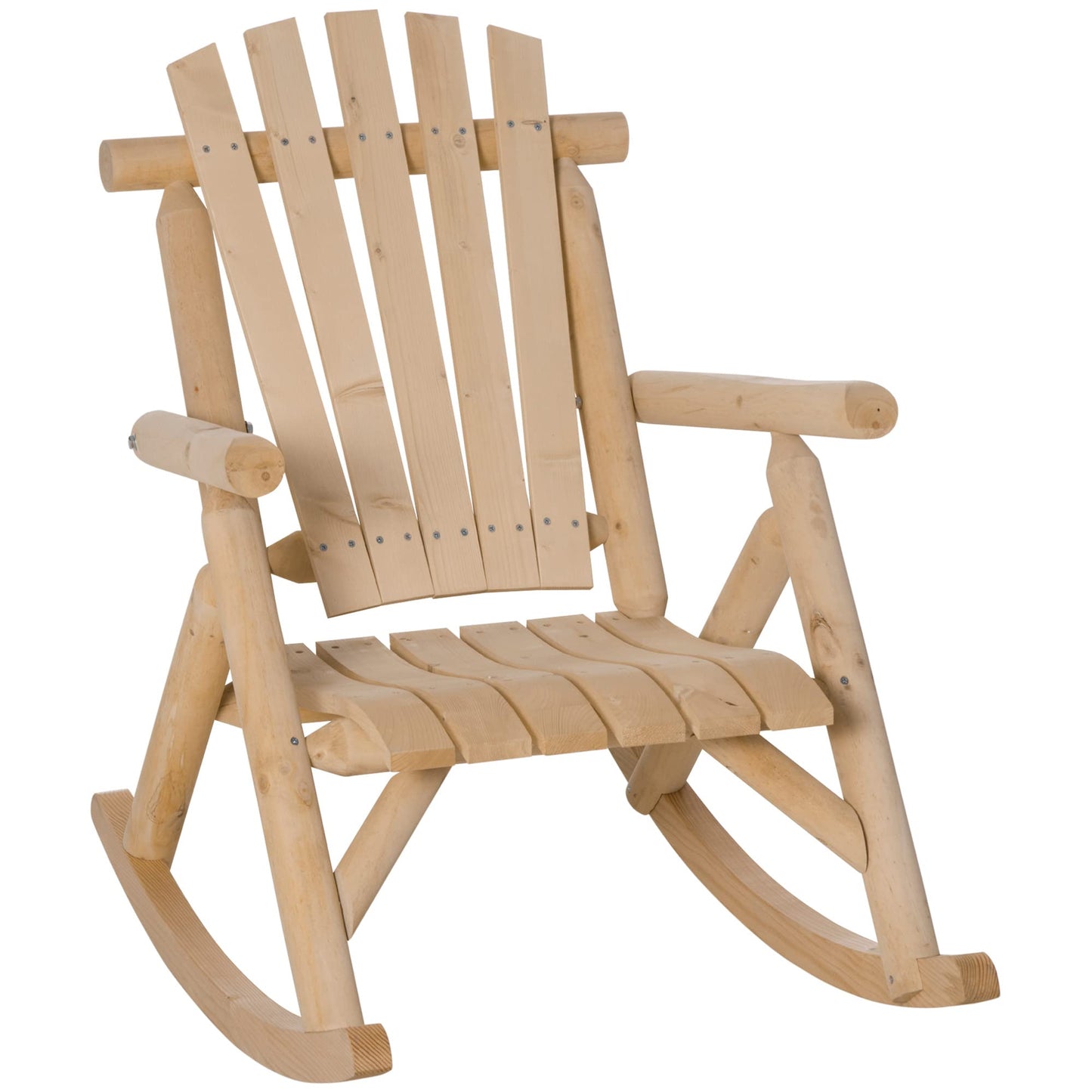 Outsunny Outdoor Wooden Rocking Chair, Single-Person Rustic Adirondack Rocker with Slatted Seat, High Backrest, Armrests for Patio, Garden and Porch, Natural - WoodArtSupply