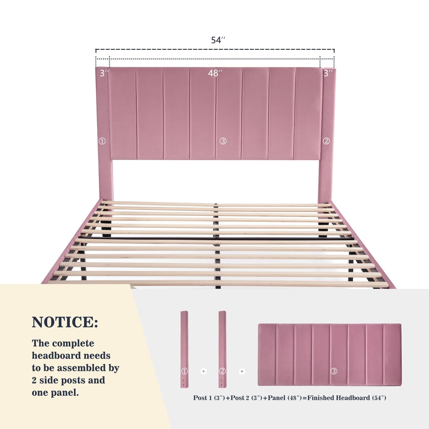 Allewie Full Platform Bed Frame/Velvet Upholstered Bed Frame with Vertical Channel Tufted Headboard/Strong Wooden Slats/Mattress Foundation/Box Spring Optional/Easy Assembly/Pink