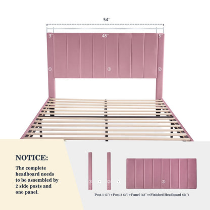 Allewie Full Platform Bed Frame/Velvet Upholstered Bed Frame with Vertical Channel Tufted Headboard/Strong Wooden Slats/Mattress Foundation/Box Spring Optional/Easy Assembly/Pink