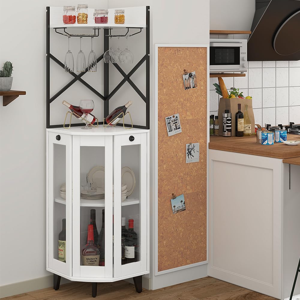 COCO DESIGN Corner Wine Cabinet with Locking Door, Alcohol Cabinet with Light, Lockable Bar with Glass Door for Home Kitchen, Dining Room, Farmhouse, 2 Glass Trays and 2 Wine Racks, White COCO DESIGN