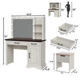 Diwnnue Farmhouse Vanity Makeup Desk, 43" W Vanity Desk with Lights Mirror and Drawers for Makeup, Big Modern Vanity Table Set with Vanity Stool for Bedroom, Antique White Diwnnue
