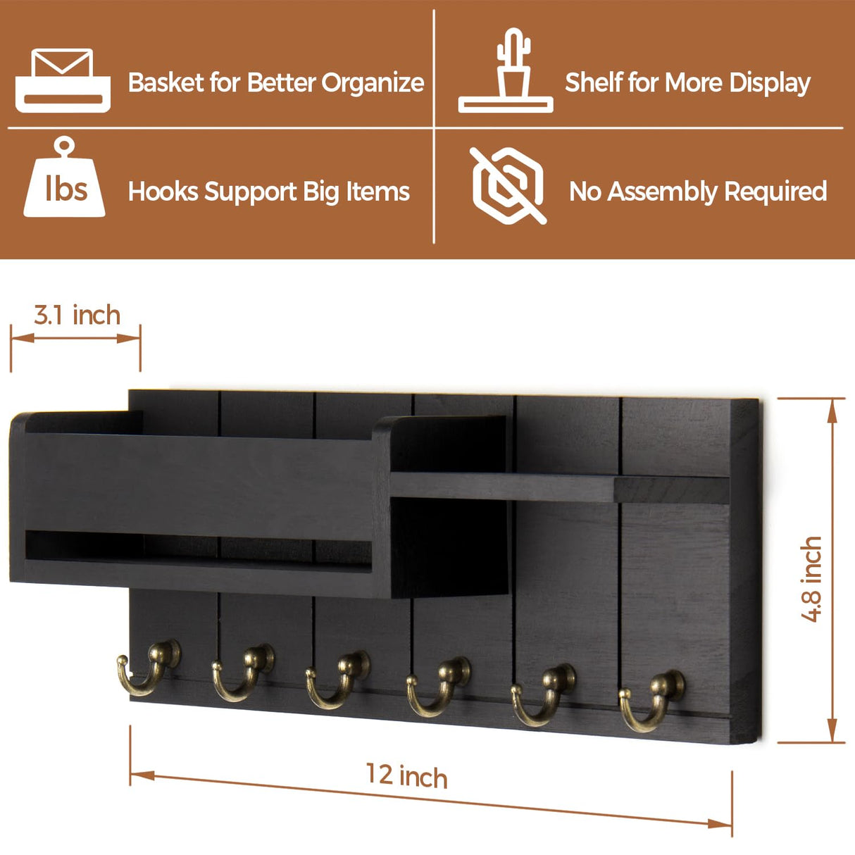 RelaxScene Key Holder Wall Mount - Decorative Key Rack and Mail Organizer with 6 Key Hooks - Wooden Key Hanger with Shelf for Living Room Decor - Rustic Farmhouse Home Entryway Aesthetic Essentials RelaxScene