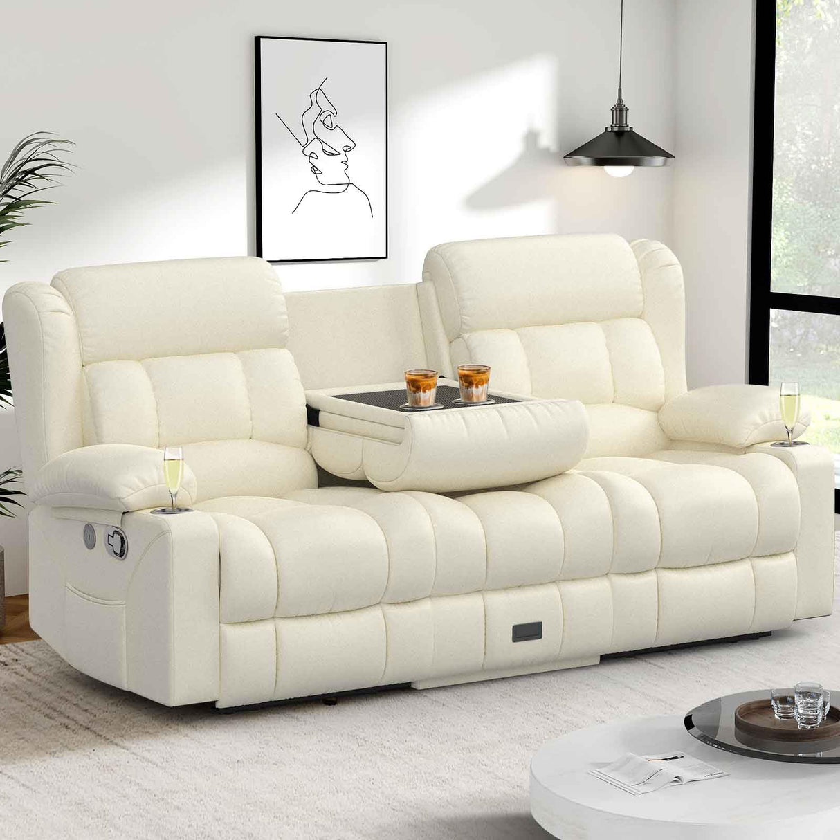 Dresegmt Loveseat Recliner Sofa, Flip Middle Backrest Design PU Leather 3 Seat Reclining Sofa with Storage Drawer, Manual Couch for Living Room (Ivory White, PU) Dresegmt