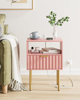 Aienvey Night Stand with Charging Station, Fluted Bedside Table with Gold Frame, Side Table with Drawer and Shelf for Bedroom, Living Room, Pink Aienvey