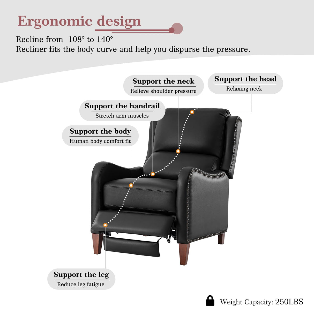 HULALA HOME Leather Recliner Chair, Modern Push Back Recliner Chair with Adjustable Backrest & Footrest, Casual Single Leather Sofa, Comfy Upholstered Club Chair for Living Room, Bedroom, Black HULALA HOME