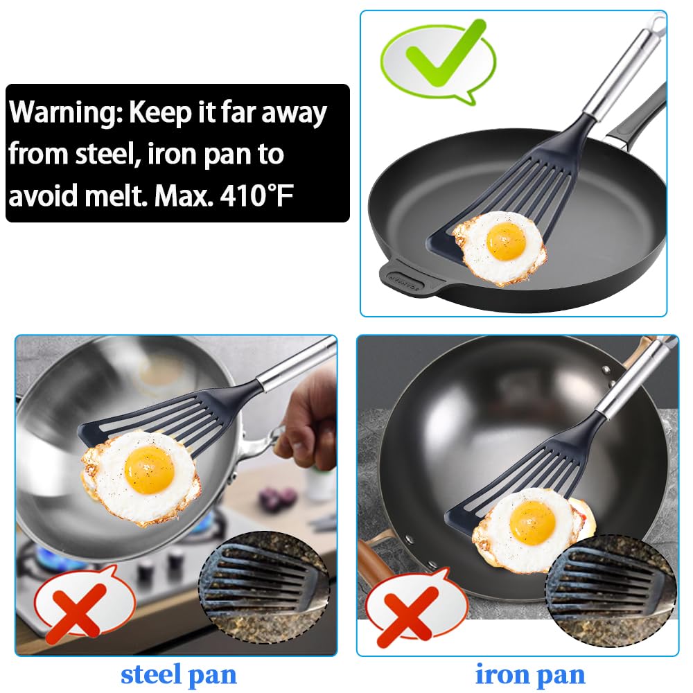 KSENDALO Fish Spatula for Nonstick Cookware -Slotted Turner Egg Spatula -Wide Thin Spatula with European Nylon Blade for Kitchen Use- Egg Flipper Utensils, Black KSENDALO