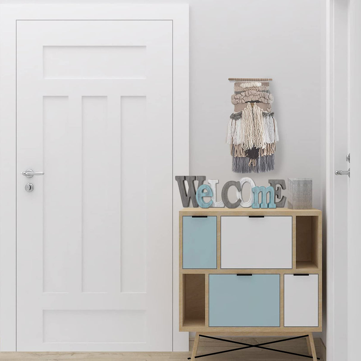 Linfevisi Wooden Welcome Sign Aqua Hanging Block Letters Sign Rustic Freestanding Wood Word Decor Decorative Welcome Table Sign Cutout Word Art Wall Decor (Welcome) Linfevisi