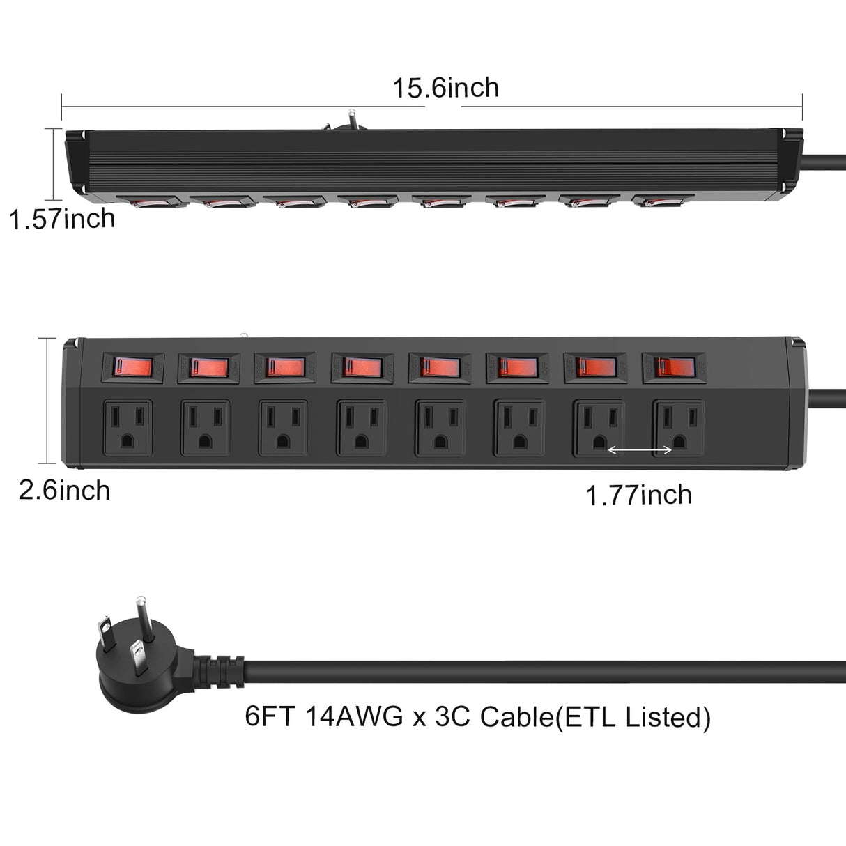 8 Outlet Heavy Duty Power Strip with 8 Individual Switches,Moutable Metal Power Strip Surge Protector 1200 Joules,6FT 14AWG Extension Cord,15A 1800W 125V 60Hz ANNQUAN