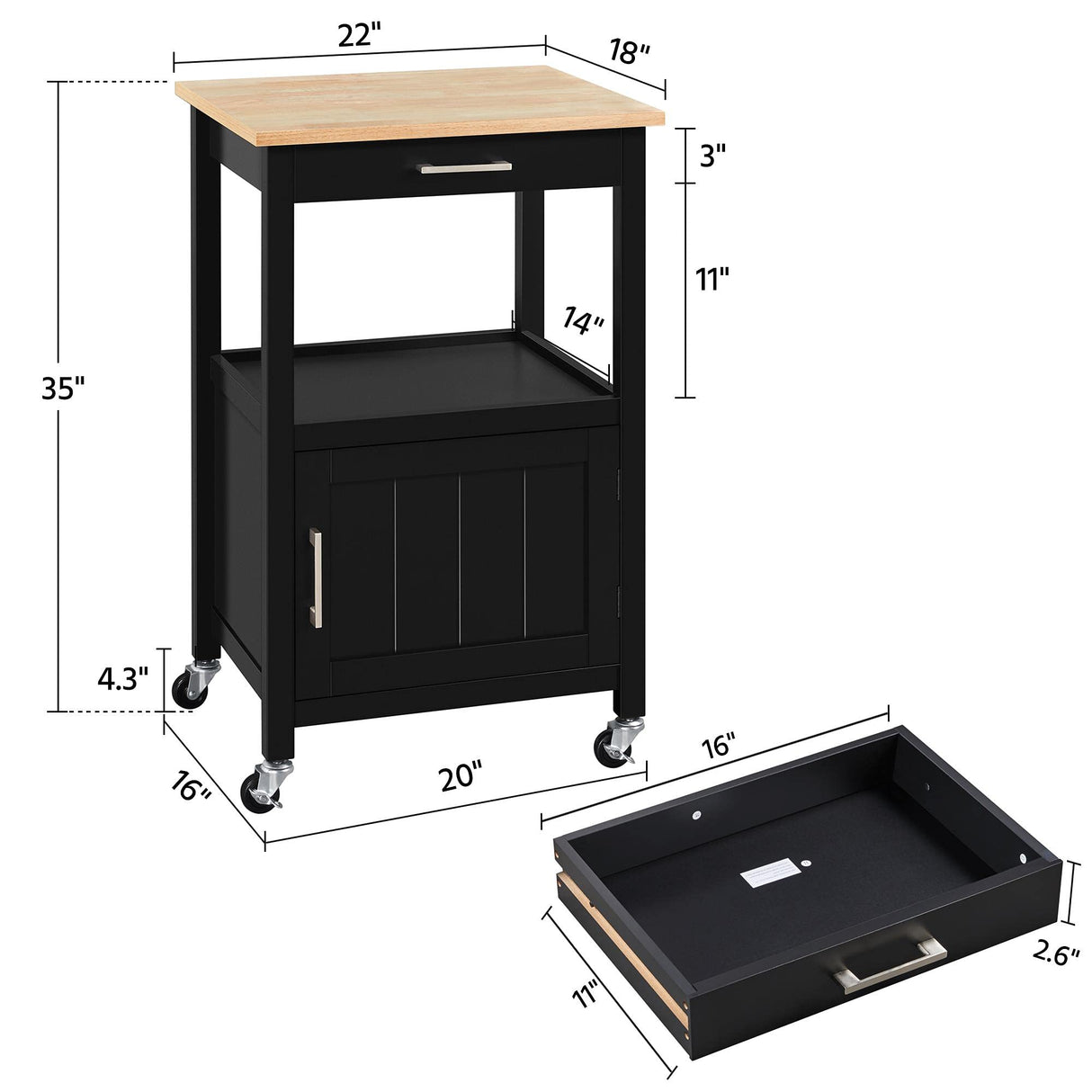 Yaheetech Small Kitchen Island on Wheels with Wood Top and Drawer, Trolley Cart with Open Shelf and Storage Cabinet for Dining Room, 22x18x35 Inches, Black Yaheetech