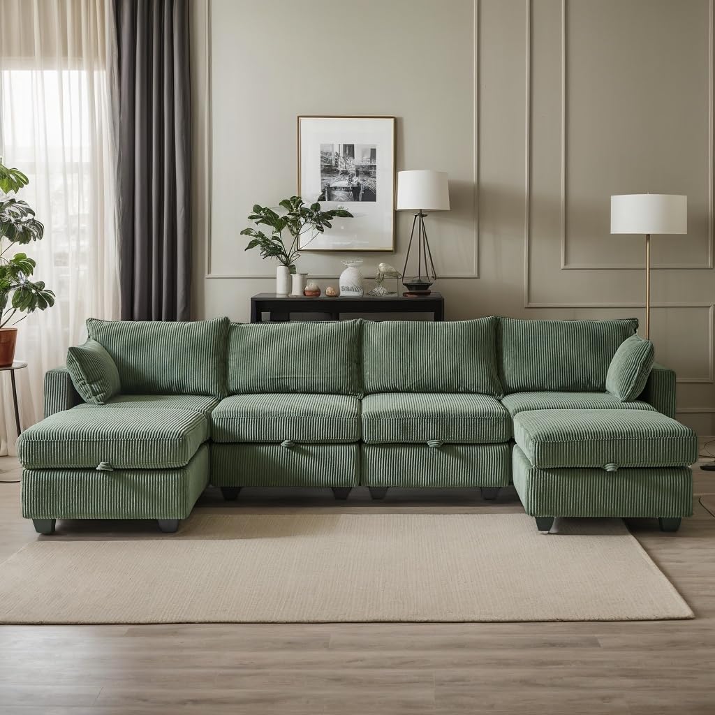 KEIKI 113.5" Modular Sectiona Corduroy Sofa Storage Ottoman, 6 Seat Sectional U Shaped Couches for Living Room Bedroom Office Apartment, Green KEIKI