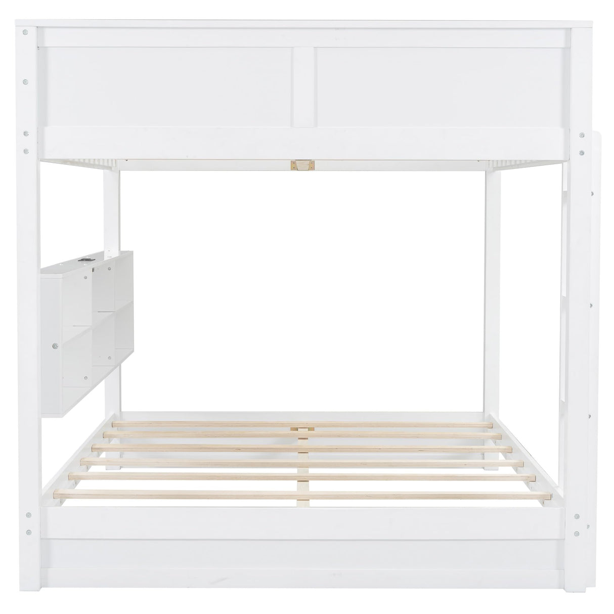 Modern Queen Over Queen Bunk Bed, Multifunctional Wood Bunk Bed with Storage Cabinets and USB Ports for Kids Teens Adults Bedroom (White-2) KLMM