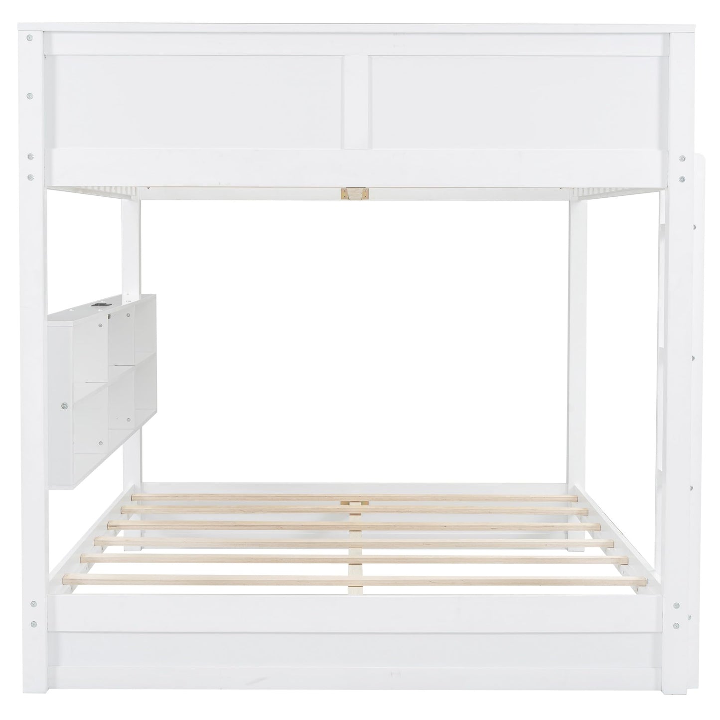 Modern Queen Over Queen Bunk Bed, Multifunctional Wood Bunk Bed with Storage Cabinets and USB Ports for Kids Teens Adults Bedroom (White-2)