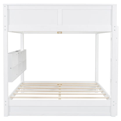 Modern Queen Over Queen Bunk Bed, Multifunctional Wood Bunk Bed with Storage Cabinets and USB Ports for Kids Teens Adults Bedroom (White-2)