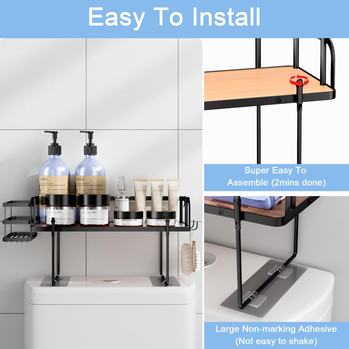 Over The Toilet Storage, Over Toilet Shelf Organizer, Bathroom Organizer Over Toilet with Removable Basket Paper Holder, Above Toilet Storage with Non-Trace Adhesive, No Drilling Toilet Organizer DTUQYX