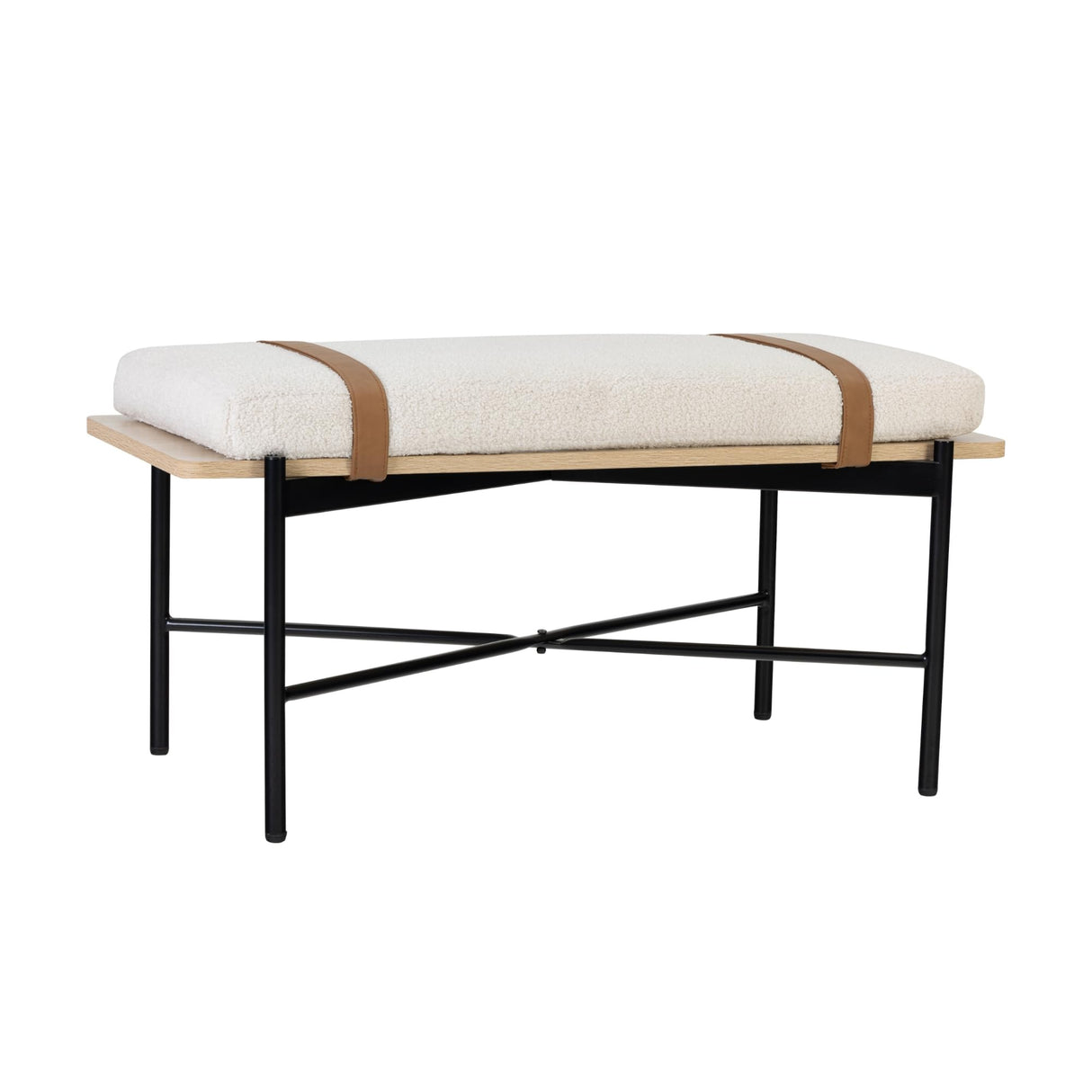Nathan James Thatcher Upholstered Entryway Bench with Removable Boucle Cushion, Vegan Leather Straps, and Matte Black Metal Legs Nathan James