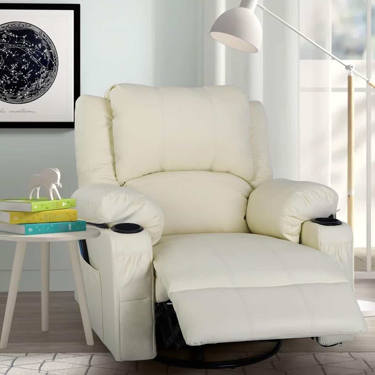 White Recliner Rocker Chairs with Heat,Massage Chair Recliner Leather Swivel Recliners for Living Room, Manual Reclining Lounge Chairs Overstuffed Single Sofa Chair for Adults KCREAM