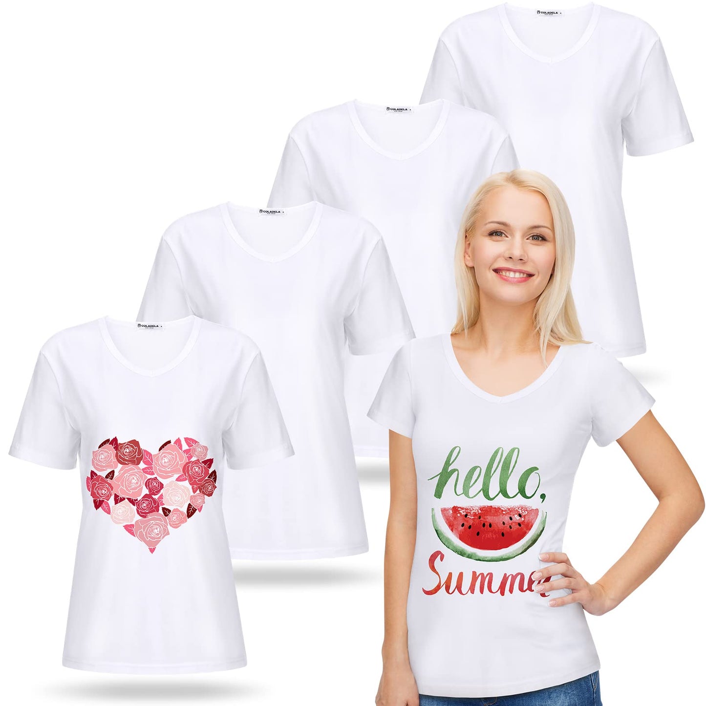 Women's V-Neck Sublimation T-Shirts 4-Pack - Medium, White Blank, Short Sleeve Blouses