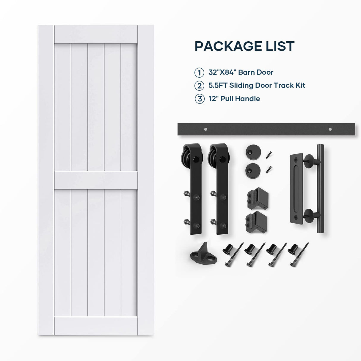 EaseLife 32in x 84in Sliding Barn Door with 5.5FT Barn Door Hardware Track Kit Included,Solid LVL Wood Slab Covered with Water-Proof & Scratch-Resistant PVC Surface,DIY Assembly,Easy Install,White EaseLife